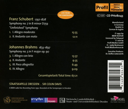 Schubert: Symphony No. 8 "Unfinished",  Brahms: Symphony No. 3 - Staatskapelle Dresden, Colin Davis