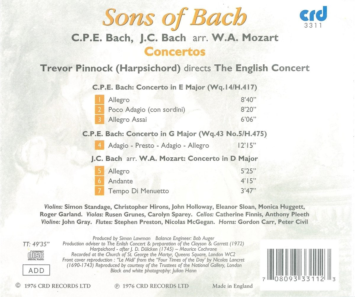 SONS OF BACH (Bach, C.P.E.: Harpsichord Concertos In E; J.C. Bach: Concerto In D) - ENGLISH CONCERT, TREVOR PINNOCK