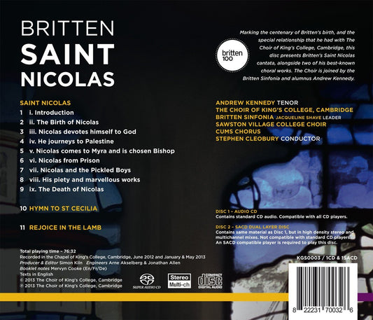 BRITTEN: SAINT NICOLAS - King's College Choir, Cleobury, Britten Sinfonia (1 Hybrid SACD + 1 CD)