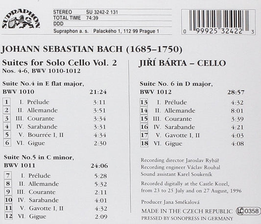 BACH: Cello Suites Nos 4-6 BWV 1010-1012 (Vol. 2) - Jiri Barta