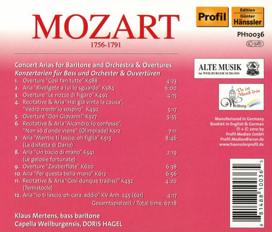 Mozart: Concert Arias for Bass & Orch., Overtures - Mertens, Capella Weilburgensis, Doris Hagel