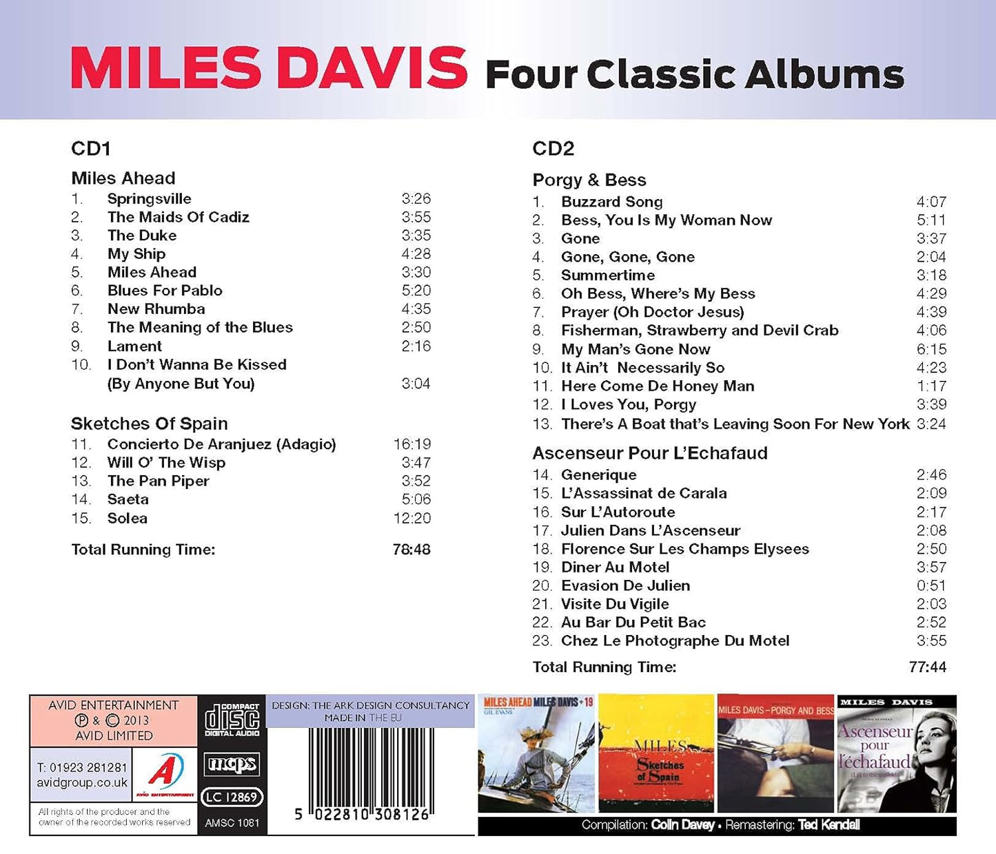 MILES DAVIS - Four Classic Albums (MILES AHEAD / SKETCHES OF SPAIN / PORGY AND BESS / ASCENSEUR POUR L’ECHAFAUD)  (2 CDS)