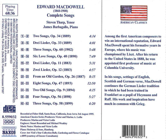 MacDowell: Songs (Complete) - Steven Tharp, James Barbagallo