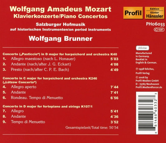 Mozart: Piano Concertos K.40, K.246, K.107 - Salzburger Hofmusik, Brunner