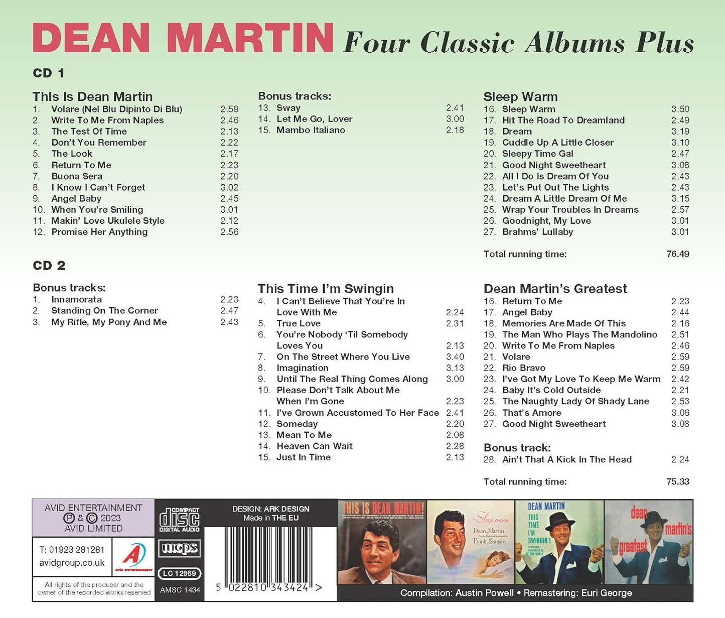 DEAN MARTIN - Four Classic Albums Plus (This Is Dean Martin / Sleep Warm / This Time I'm Swingin / Dean Martin's Greatest) (2 CDs)