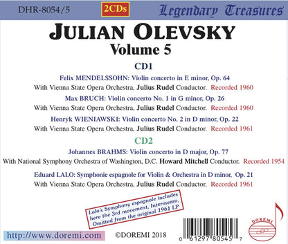 JULIAN OLEVSKY COLLECTION, Vol. 5 - Violin Concertos of Brahms, Mendelssohn, Bruch, Lalo, Wieniawski (2 CDs)