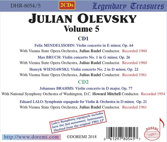 JULIAN OLEVSKY COLLECTION, Vol. 5 - Violin Concertos of Brahms, Mendelssohn, Bruch, Lalo, Wieniawski (2 CDs)