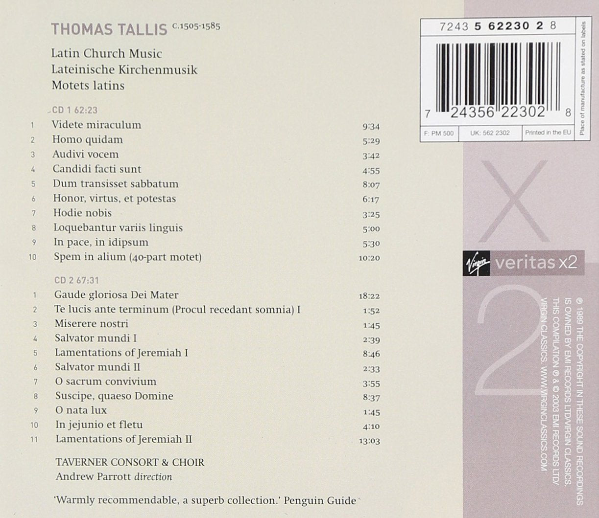 TALLIS: Spem In Alium / Latin Church Music - TAVERNER CONSORT / ANDREW PARROTT (2 CDs)