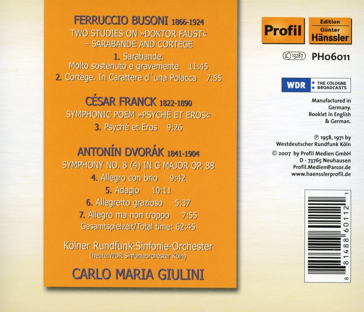BUSONI: Sarabande & Cortege; FRANCK: Psyche Et Eros; DVORAK: Symphony No. 8 (4) Op. 88 - Kolner Rundfunk, Carlo Maria Giulini
