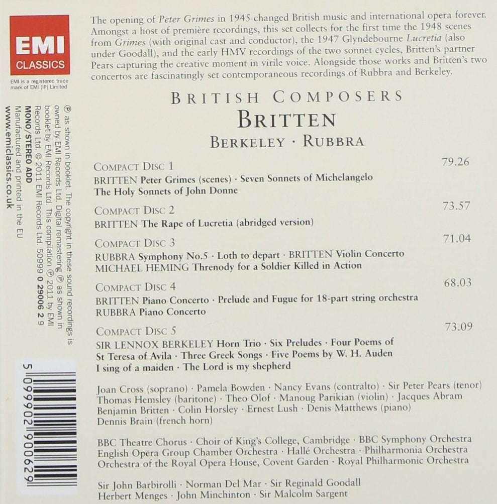 Britten: The Rape Of Lucretia, Peter Grimes, Concertos; Rubbra: Symphony No. 5, Piano Concerto; Berkeley: Works (5 CDs)