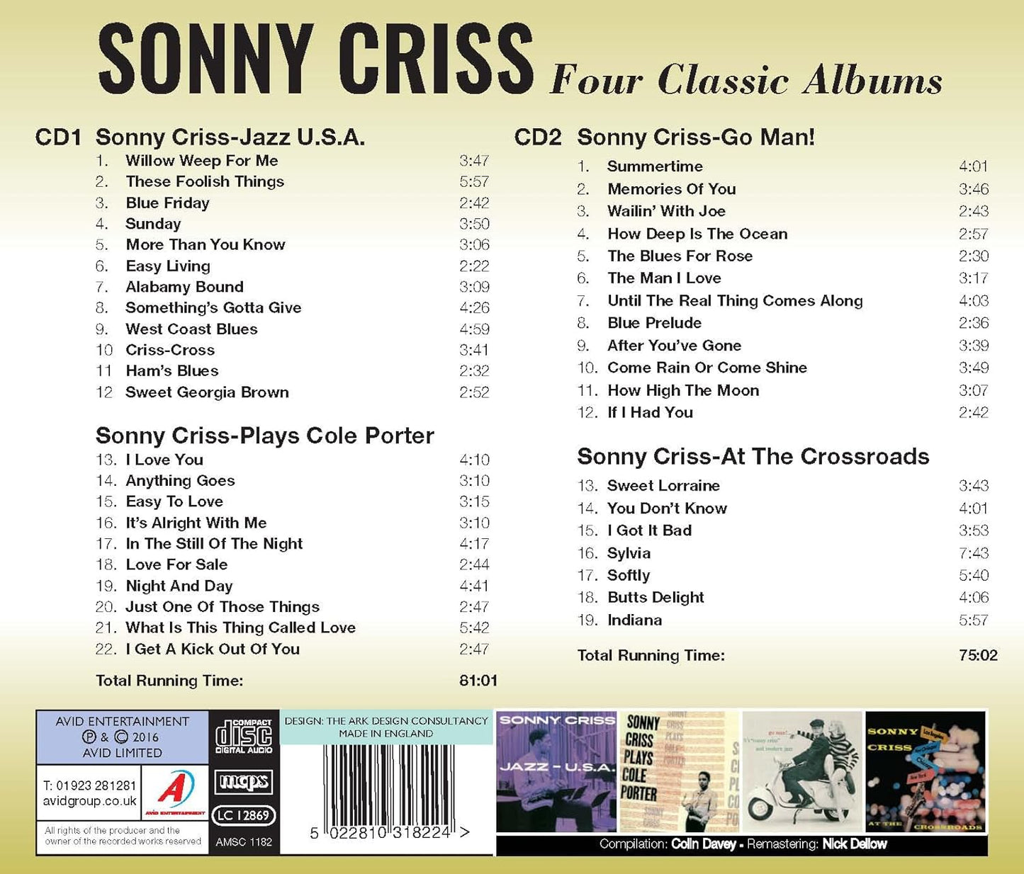 SONNY CRISS - Four Classic Albums  (JAZZ USA / PLAYS COLE PORTER / GO MAN! / AT THE CROSSROADS) (2 CDs)