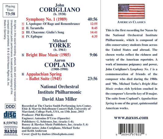 Corigliano: Symphony No. 1; Torke: Bright Blue Music; Copland: Appalachian Spring (Suite) - National Orchestral Institute Philharmonic, David Alan Miller