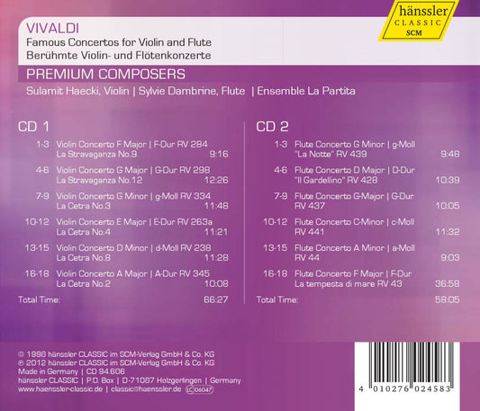 VIVALDI: Famous Concertos for Violin & Flute - Sulamit Haecki; Sylvie Dambrine; Ensemble la Partita (2 CDS)