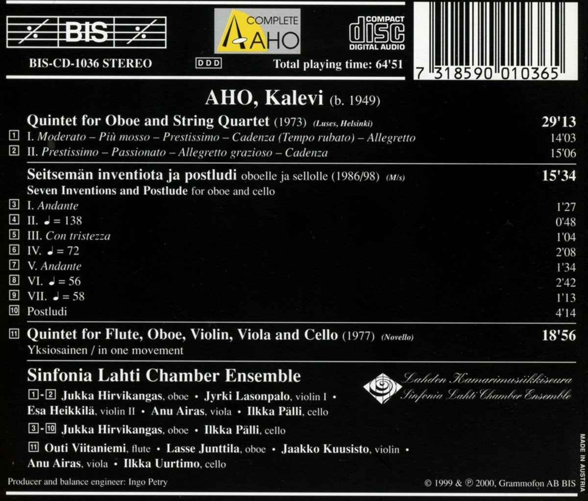 AHO: Oboe Quintet, 7 Inventions and Postlude, Quintet for Flute, Oboe, Violin, Viola and Cello -Sinfonia Lahti Chamber Ensemble  -