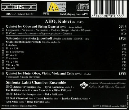 AHO: Oboe Quintet, 7 Inventions and Postlude, Quintet for Flute, Oboe, Violin, Viola and Cello -Sinfonia Lahti Chamber Ensemble  -