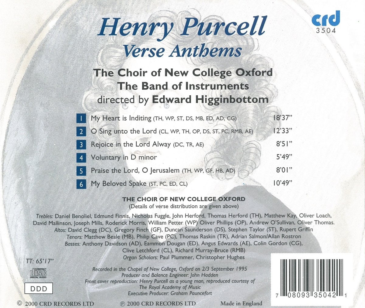 PURCELL: VERSE ANTHEMS - CHOIR OF NEW COLLEGE OXFORD, EDWARD HIGGINBOTTOM