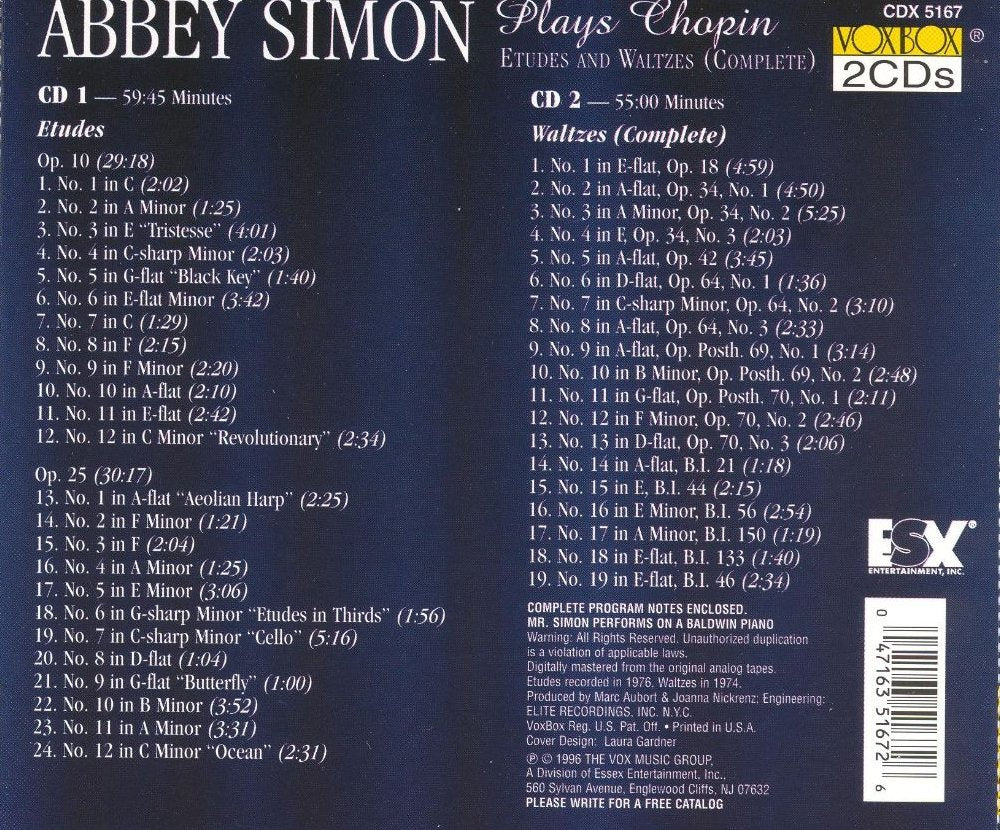 ABBEY SIMON PLAYS CHOPIN: COMPLETE WALTZES & ETUDES (2 CDS)