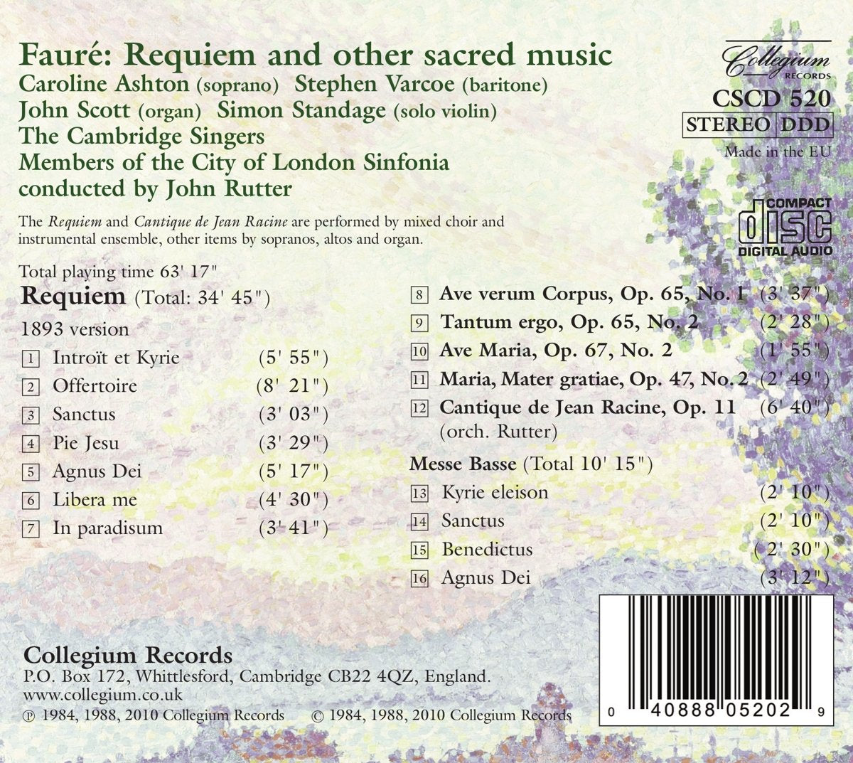 FAURE: REQUIEM and other sacred music - CAMBRIDGE SINGERS, CITY OF LONDON SINFONIA, JOHN RUTTER