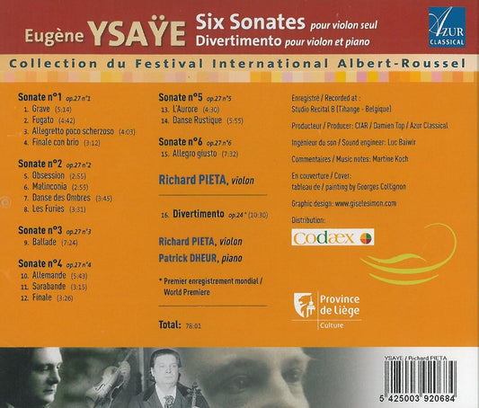 YSAYE: Six Sonatas for Solo Violin, Divertimento - Pieta, Dheur