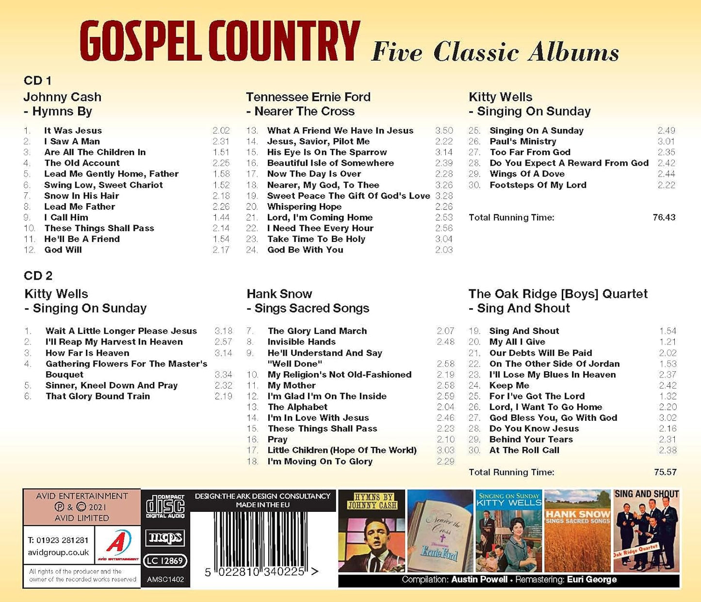 JOHNNY CASH / TENNESSEE ERNIE FORD / KITTY WELLS / HANK SNOW / THE OAK RIDGE QUARTET (BOYS) - Country Gospel - Five Classic Albums (2 CDs)