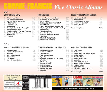 CONNIE FRANCIS - Five Classic Albums (Who’s Sorry Now / The Exciting / Rock N Roll Million Sellers / Country & Western Golden Hits / Connie’s Greatest Hits) (2CD)