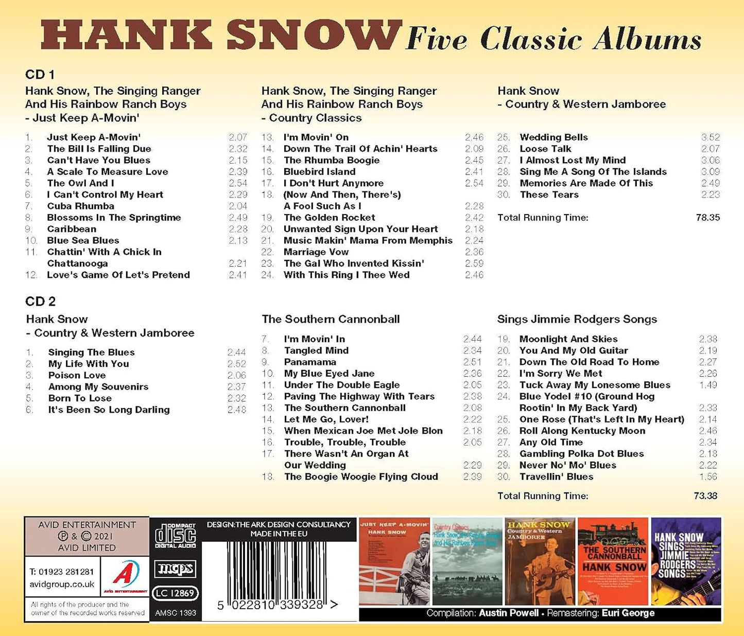 HANK SNOW - Five Classic Albums (Just Keep A-Movin’ / Country Classics / Country & Western Jamboree / The Southern Cannonball / Sings Jimmie Rodgers Songs) (2CD)