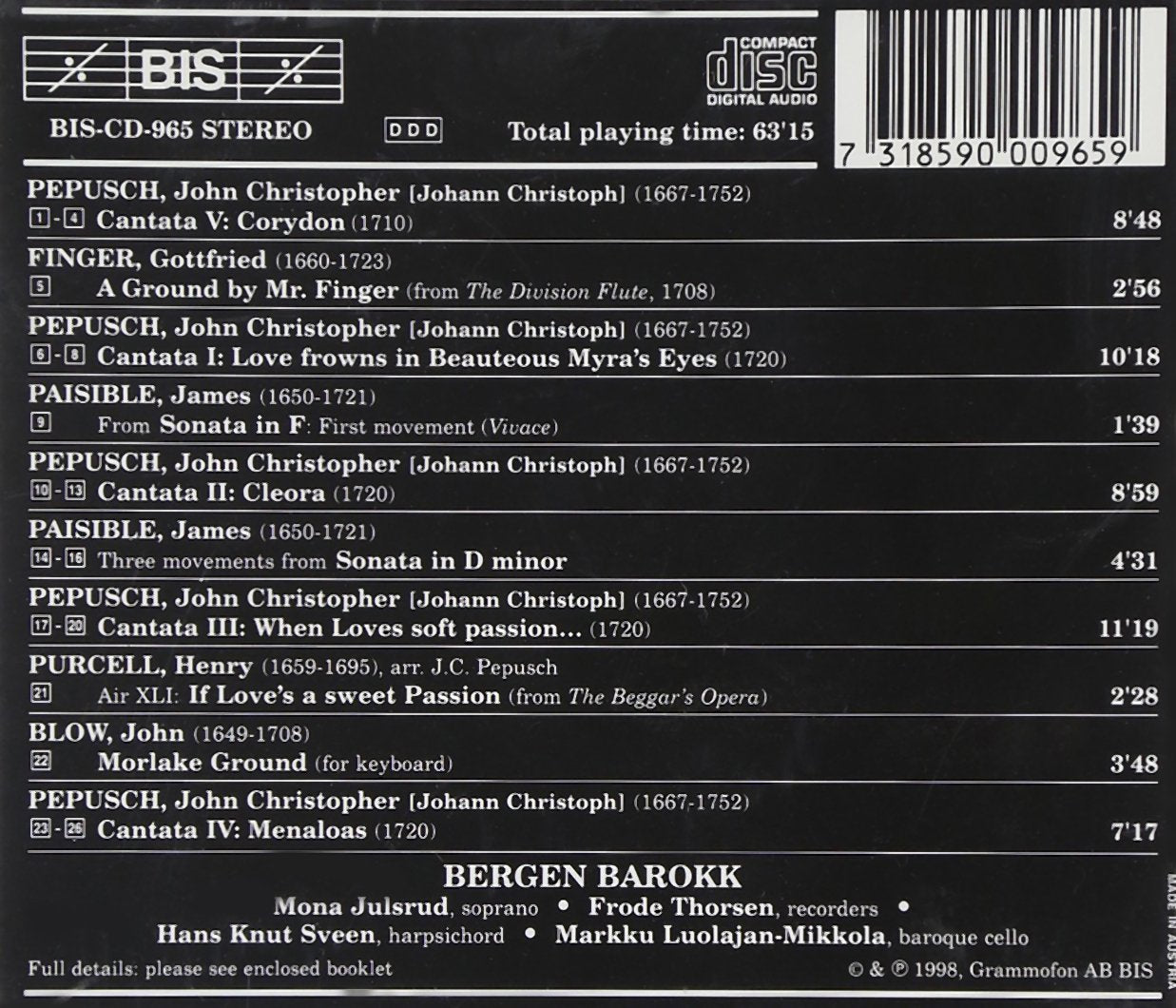 PEPUSCH: ENGLISH CANTATAS - Bergen Barokk