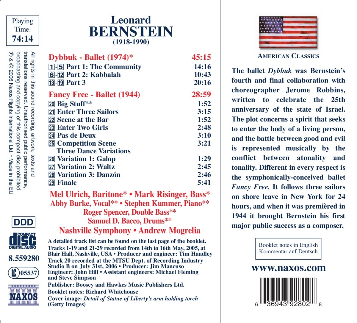 BERNSTEIN: Dybbuk; Fancy Free -  Mel Ulrich, Mark Risinger, Nashville Symphony, Andrew Mogrelia