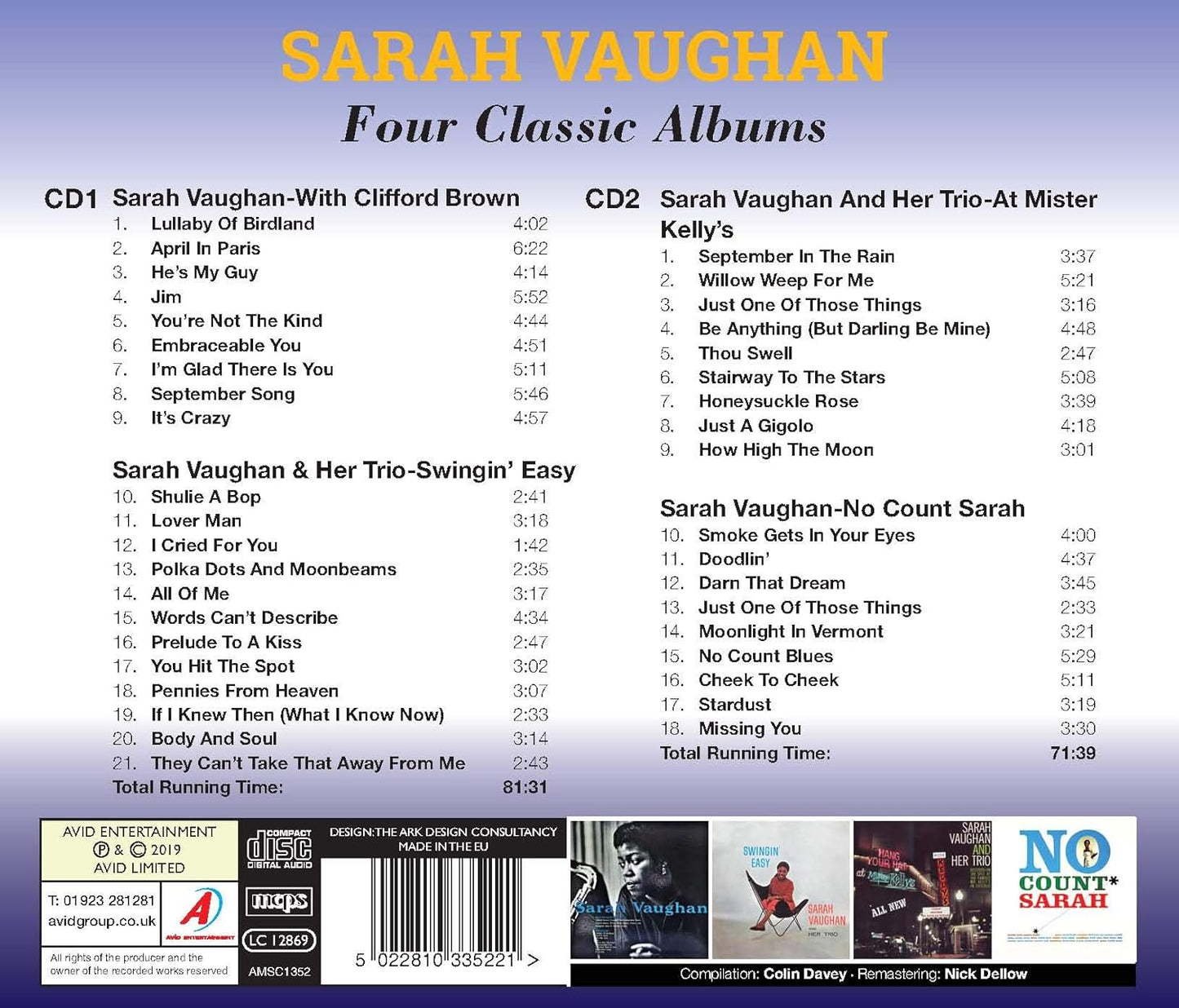 SARAH VAUGHAN - Four Classic Albums (Sarah Vaughan-With Clifford Brown / Swingin’ Easy / At Mister Kelly’s / No Count Sarah) (2CD)