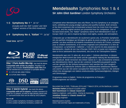 MENDELSSOHN: Symphonies 1 & 4 - Gardiner, London Symphony Orchestra (1 Hybrid SACD + 1 BluRay Audio Disc)