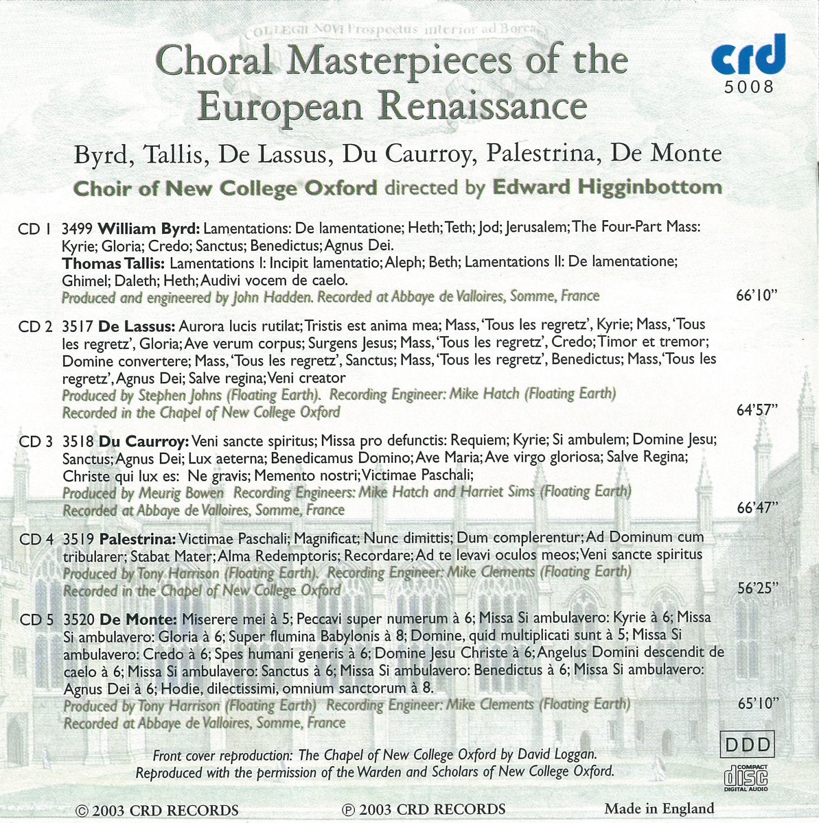 Choral Masterpieces of the European Renaissance - Choir of New College, Oxford (5 CDs)