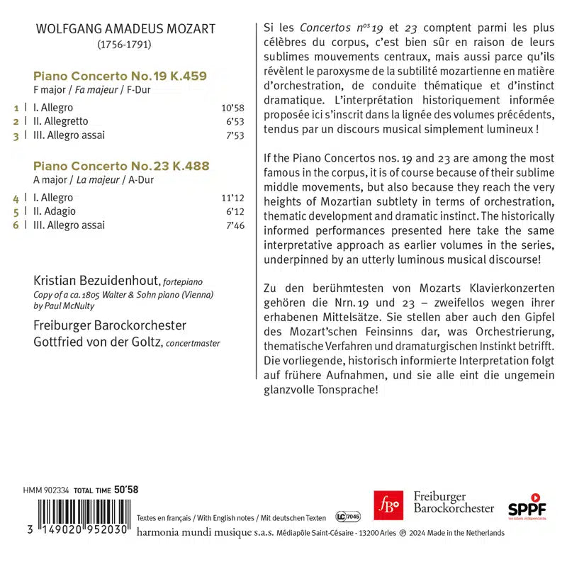 Mozart: Piano Concertos K. 459 & 488 - Kristian Bezuidenhout, Freiburger Barockorchester