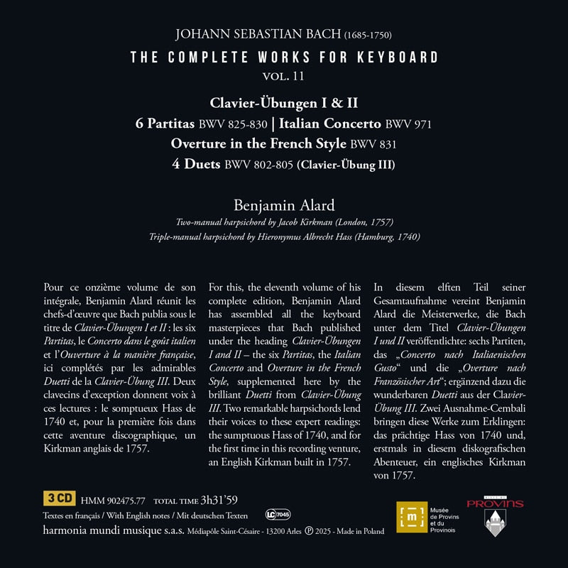 Bach: Complete Works for Keyboard, Vol. 11: Clavier-Ubungen I & II, Italian Concerto, Overture in the French Style, Partitas - Benjamin Alard (3 CDs)