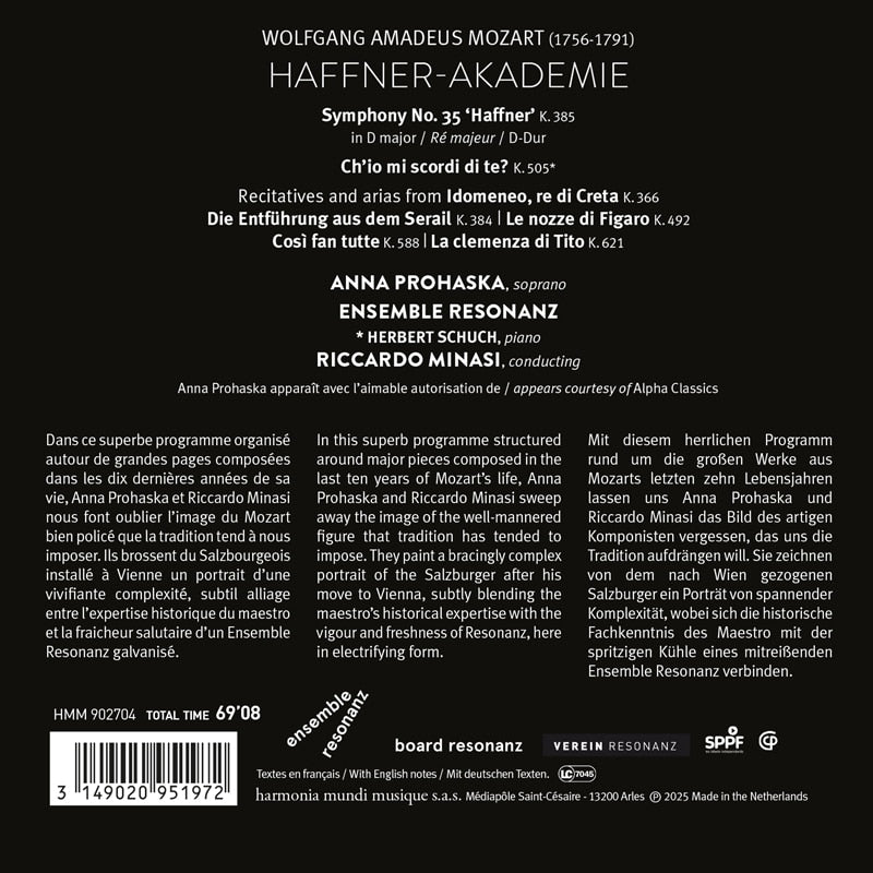 Mozart: "Haffner-Akademie" : Symphony No. 35. Opera arias and scenes - Anna Prohaska, Ensemble Resonanz, Riccardo Minasi