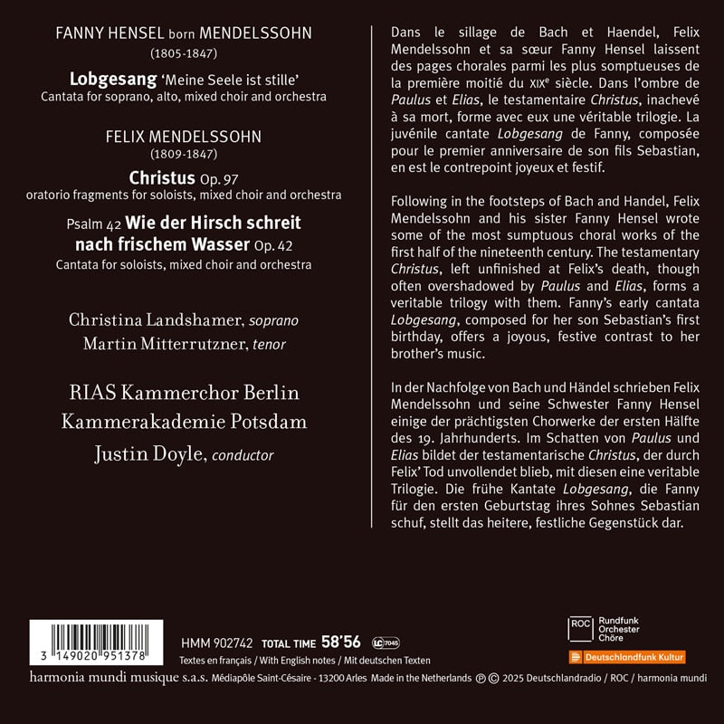 MENDELSSOHN, FELIX & FANNY: Lobgesang & Christus, Op. 97 - Psalm 42, Op. 42 - RIAS Kammerchor Berlin, Kammerakademie Potsdam, Justin Doyle