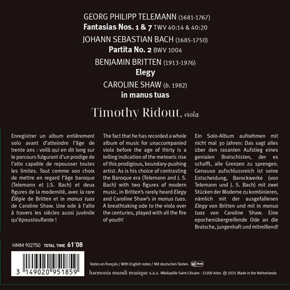 Timothy Ridout: "Solo". Works and transcriptions for solo viola by Telemann, J.S. Bach, Britten and Shaw (3 CDs)