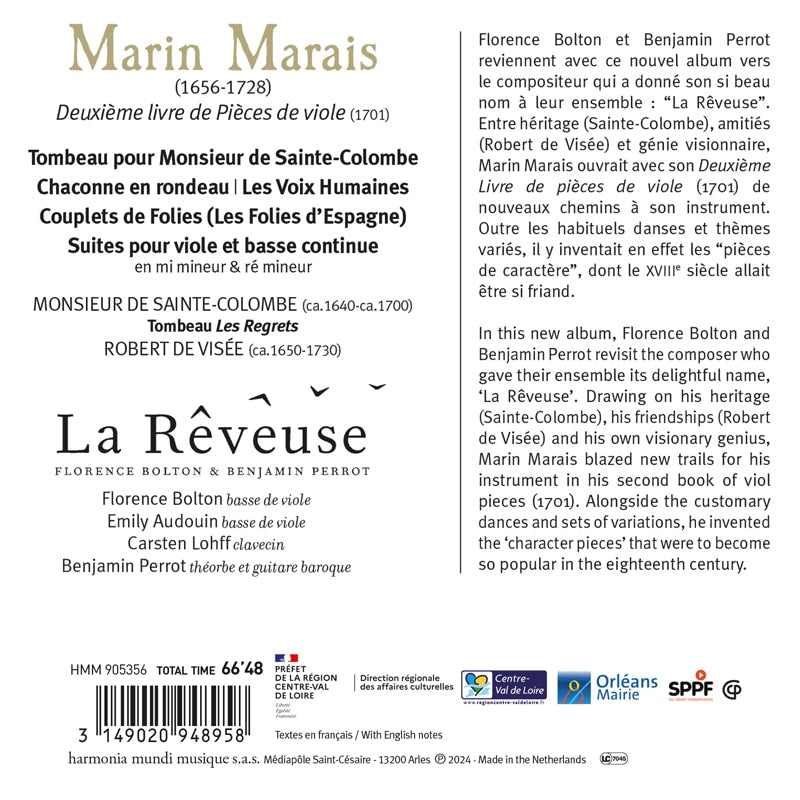 MARAIS: Tombeau pour Monsieur de Sainte-Colombe; Works for bass viol, Book II - La Rêveuse, Florence Bolton, Benjamin Perrot
