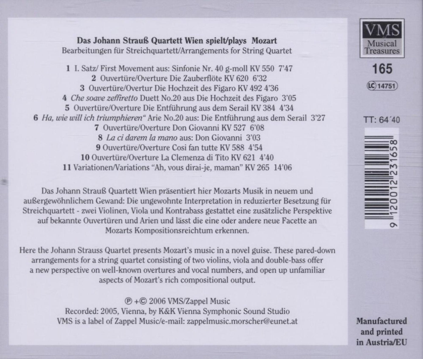 MOZART: Mozart Arranged for String Quartet - Johann Strauss Quartet Vienna