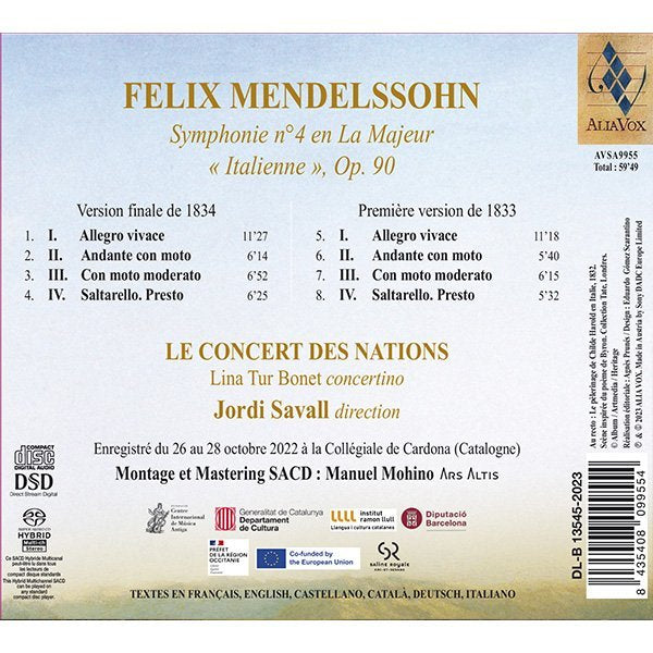 Mendelssohn: Symphony No. 4 "Italian" (Premiere and Final Versions) - Savall, Le Concert de Nations (Hybrid SACD)