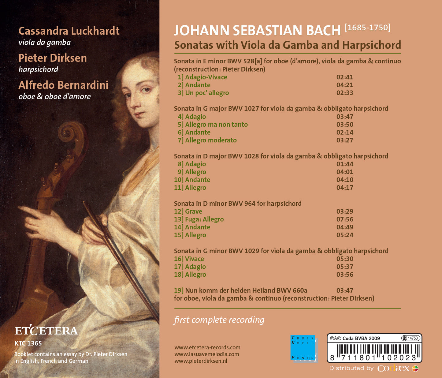 BACH: COMPLETE SONATAS FOR VIOLA DA GAMBA AND HARPSICHORD - Cassandra Luckhardt, Pieter Dirksen, Alfredo Bernardini