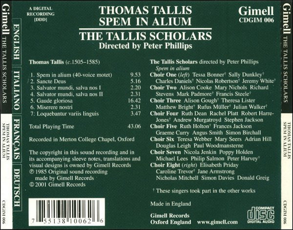 TALLIS: SPEM IN ALIUM - TALLIS SCHOLARS, PETER PHILLIPS