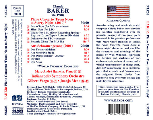Baker: Piano Concerto "From Noon to Starry Night" & Aus Schwanengesang - Marc-André Hamelin, Indianapolis Symphony Orchestra, Gilbert Varga, Juanjo Mena