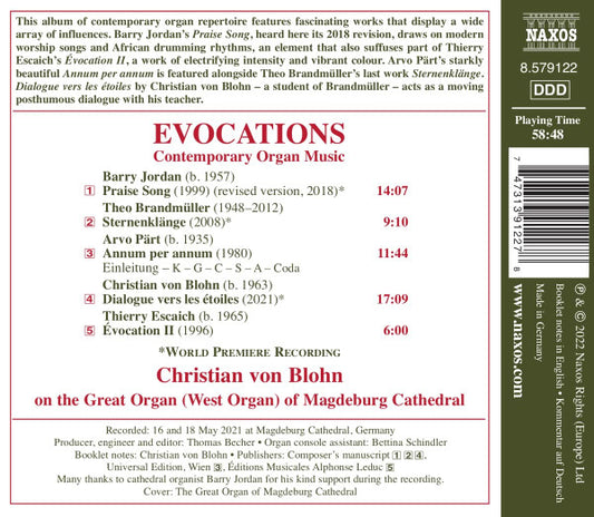 EVOCATIONS: CONTEMPORARY ORGAN MUSIC (Blohn, Brandmuller, Escaich, Jordan & Part) - Christian von Blohn