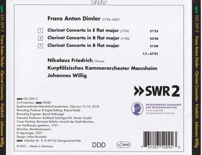 Dimler: Three Clarinet Concertos - Nikolaus Friedrich, Kurpfälzisches Kammerorchester Mannheim, Johannes Willig
