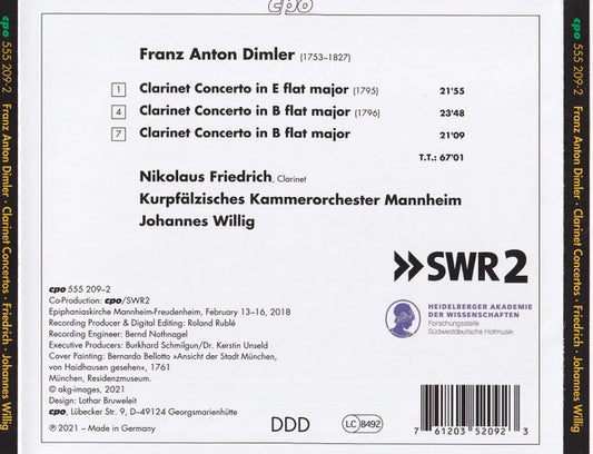 Dimler: Three Clarinet Concertos - Nikolaus Friedrich, Kurpfälzisches Kammerorchester Mannheim, Johannes Willig