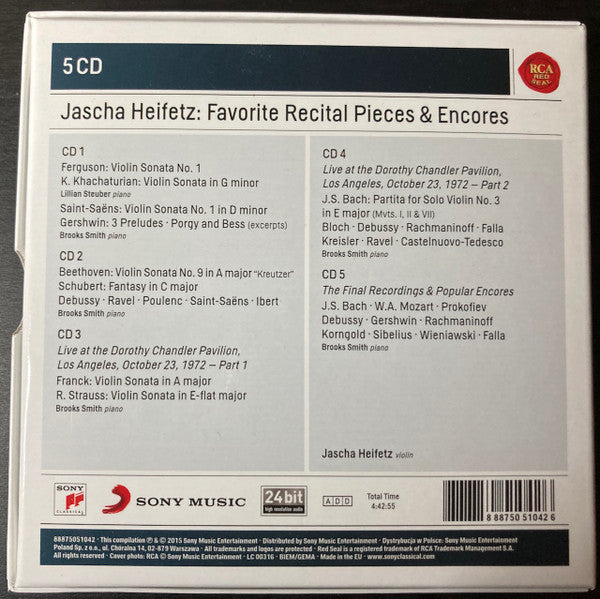 JASCHA HEIFETZ: FAVORITE RECITAL PIECES & ENCORES (5 CDS)