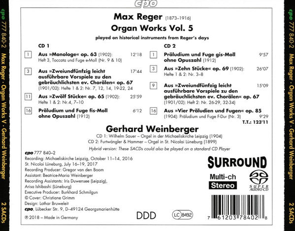 REGER: ORGAN WORKS, VOL. 5 - WEINBERGER (2 Hybrid SACDs)