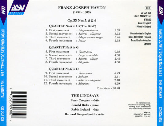 HAYDN: String Quartets Op. 33 - Nos. 3, 5 & 6 - The Lindsays