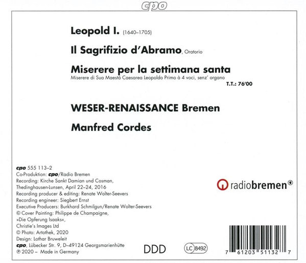 Leopold I: Il Sagrifizio d'Abramo - Miserere per la settiman - Weser-Renaissance, Manfred Cordes