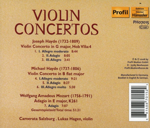 Haydn, Joseph & Michael; Mozart: Violin Concertos - Lukas Hagen, Camerata Salzburg